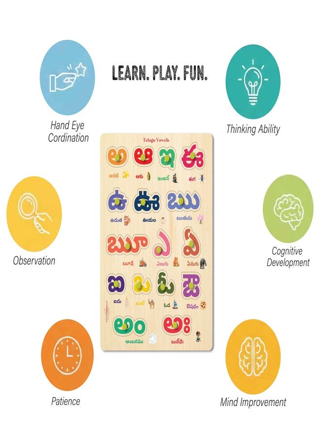 Khilonewale Generic Wooden Knob Telugu Alphabet Puzzle Board - 9 x 12 in Montessori Learning Toy for Toddlers & Preschool Kids (Ages 3+) - Durable Wooden Educational Game for Early Language (telegu Vowel) - Image 4